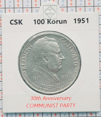 Cehoslovacia 100 korun 1951 argint - Communist Party - km 33 - D25301 foto