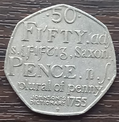 (S) MONEDA ANGLIA - 50 PENCE 2005, 250 ANI PUBLICAREA PRIMULUI DICTIONARENGLEZ / DICTIONARUL JOHNSON 1755 foto