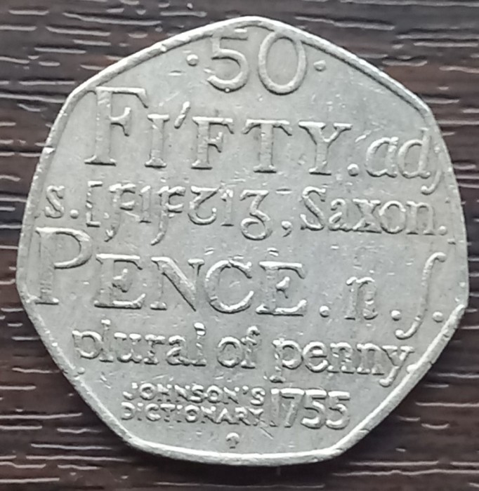 (S) MONEDA ANGLIA - 50 PENCE 2005, 250 ANI PUBLICAREA PRIMULUI DICTIONARENGLEZ / DICTIONARUL JOHNSON 1755