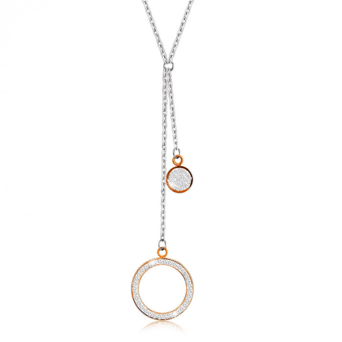 Colier din oțel &ndash; contur inel mare cu cristale, inel plat, pandantive culoare cupru