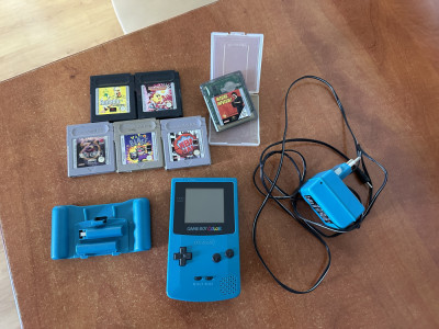 Game Boy Color CGB-001 albastru + 6 jocuri + acumulator baterii, retro foto