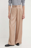 Sisley pantaloni femei, culoarea bej, lat, high waist