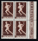 ROMANIA 1959 LP 466 SPARTACHIADA TINERETULUI BLOC BLOC DE 4 TIMBRE MNH