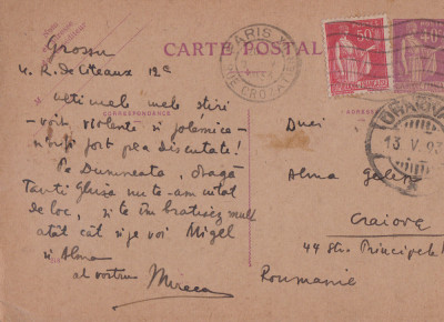 CARTE POSTALA CIRCULATA PARIS - CRAIOVA 09-13.05.1933 foto