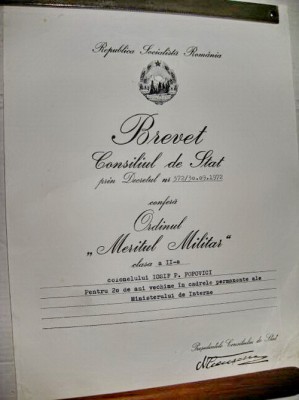 B306-I-Brevet N. Ceausescu 1972-Meritul militar CL A-II-A. Consiliul de Stat. foto