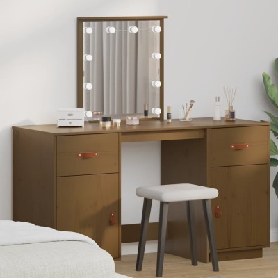 vidaXL Set de masă de toaletă cu LED, maro miere, lemn masiv de pin 3107842 foto