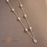 Colier placat cu aur, stantat , perle si pandantiv cu cristal zirconia, 45 + 5 cm