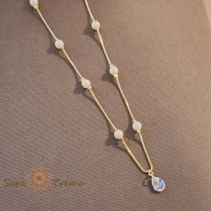 Colier placat cu aur, stantat , perle si pandantiv cu cristal zirconia, 45 + 5 cm