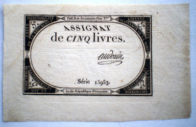 04. FRANTA REPUBLICA ASIGNAT 5 CINQ LIVRES AUDOUIN L&amp;#039;AN 2 1793/1794 SR. 15953 foto