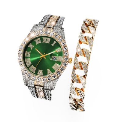 Set ceas si bratara luxury MBrands quartz, bratara inox, cristale zirconiu, afisare data - Verde foto