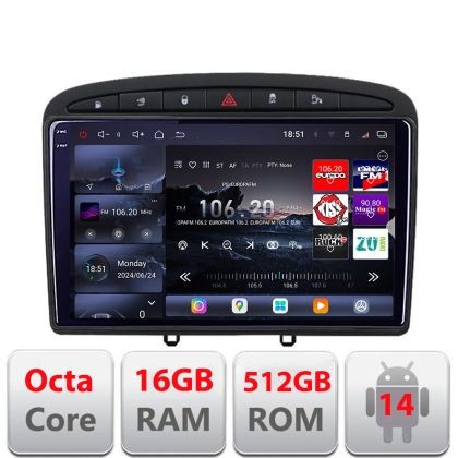 Navigatie Peugeot 308 2007-2014 Edotec Kit-038 8 core QLED 2K 16+512 360 Android Waze USB Navigatie Internet Youtube Radio CarStore Technology