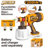 Pistol de vopsit 20V cu functie de suflare, debit 800ml/min, rezervor 1000ml, fara acumulator, INGCO CSGLI2004