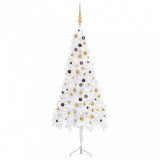 Set brad Crăciun artificial de colț LED&amp;globuri alb 240 cm PVC