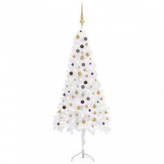Set brad Crăciun artificial de colț LED&globuri alb 240 cm PVC