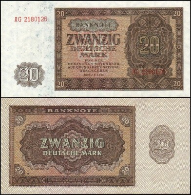 GERMANIA DE EST RDG DDR █ bancnota █ 20 Mark █ 1948 █ P-13b █ UNC █ necirculata foto