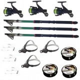 Set pescuit cu 3 lansete 2.4m eastshark, 3 mulinete dpr200, 3 lanterne frontale led, gute si monturi, EAST SHARK