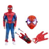 Cumpara ieftin Set costum Spiderman KidMania&reg; cu muschi, masca cu lumini si doua manusi lansator cu ventuze pentru copii 5-7 ani 110-120 cm