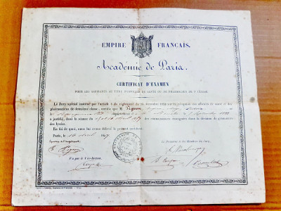 C434-I-Diploma Farmacie Empire France 1857 Certificat de Examen. 26/32 cm. foto