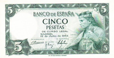 Spania 5 Pesetas 1954 P-146 Seria 4012807 foto