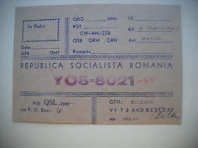 HOPCT 75208 SUCEAVA -RSR -CARTE POSTALA QSL RADIOAMATOR/RADIOAMATORI-CIRCULATA foto