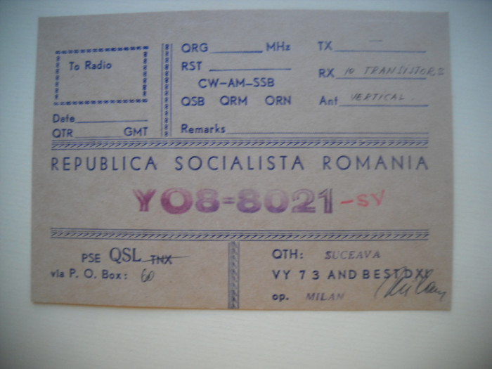 HOPCT 75208 SUCEAVA -RSR -CARTE POSTALA QSL RADIOAMATOR/RADIOAMATORI-CIRCULATA