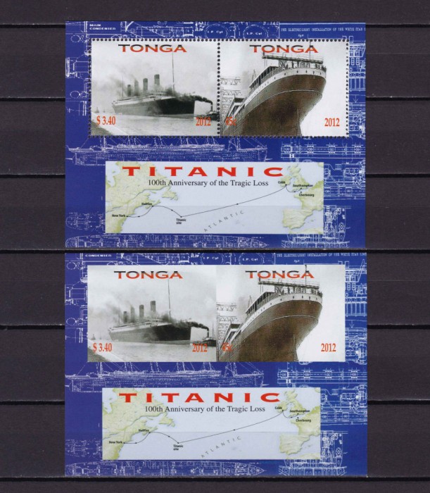 ✅(C38) Tonga 2012 &quot; Titanic-100 ani &quot; ,2xcolite pereche dant/ned, cota Michel 12 &euro; ,MNH