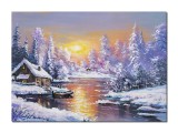 Tablou peisaj de iarna pictat manual, Apus de soare, 70x50cm ulei pe panza, Mircea Iordache