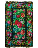 Covor / scoarță vintage din l&acirc;nă 203&times;315, țesut la război, model floral (trandafiri) pe fundal negru, cu franjuri
