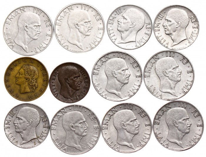 ITALIA-LOT 12 PIESE - 5 &amp; 20 &amp; 50 CENTESIMI VITTORIO EMANUELE III &amp; 20 LIRE 1959