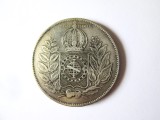 Rara! Brazilia 1000 Reis 1850(an rar) argint .917 cu patina frumoasa la cel mai mic pret,regele Pedro II,diametrul=30 mm,pret catalog=290 $
