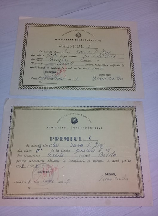 2 diplome vechi-DIPLOMA PREMIUL 1967/1968,Scoala generala nr.18 Braila