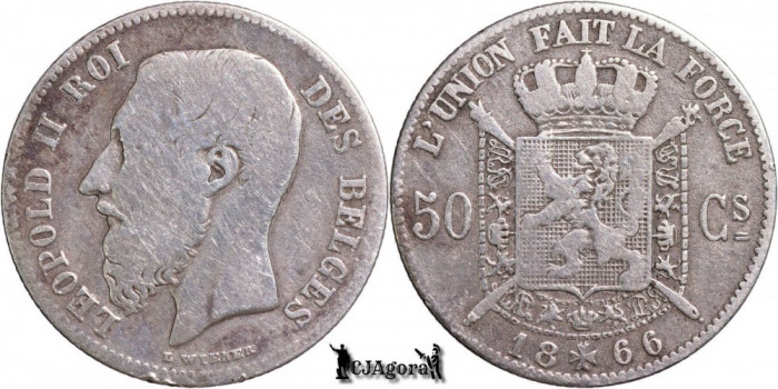 1866, 50 Centimes - Leopold al II-lea - Regatul Belgiei - inscripție franceză