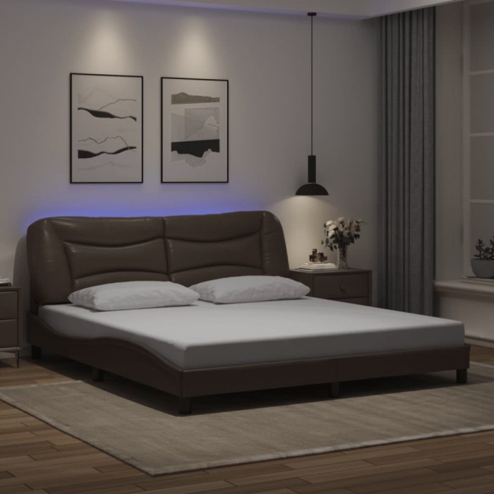 vidaXL Cadru de pat cu lumini LED, maro, 180x200 cm, piele ecologică 3213950