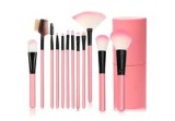 Set 12 pensule pentru machiaj, peri sintetici, cu suport, roz deschis, Oem