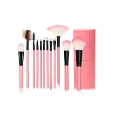 Set 12 pensule pentru machiaj, peri sintetici, cu suport, roz deschis