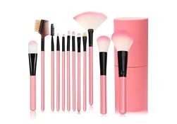 Set 12 pensule pentru machiaj, peri sintetici, cu suport, roz deschis