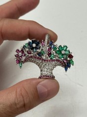 BROSA PANDANTIV AUR alb 18K + Diamante + Rubine + Safire + Smaralde - JARDINIERA