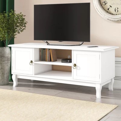 Comoda TV 120x40x50 cm, rafturi, 2 dulapuri depozitare, picioare lemn pin, MDF, alb foto