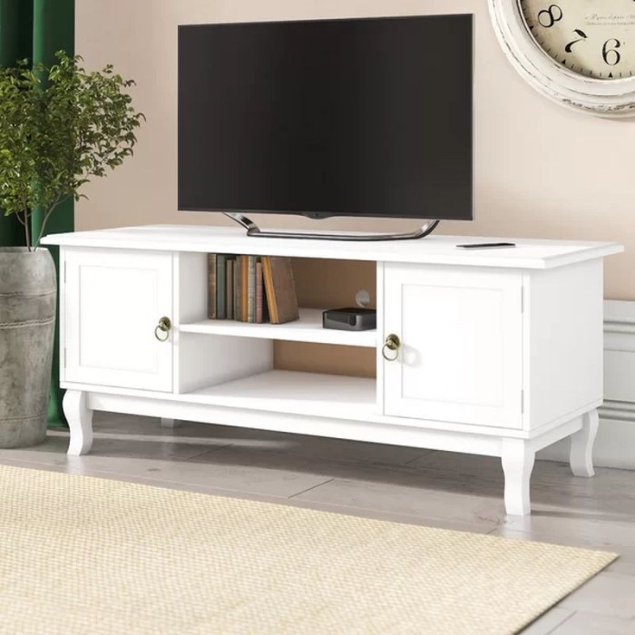 Comoda TV 120x40x50 cm, rafturi, 2 dulapuri depozitare, picioare lemn pin, MDF, alb