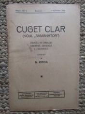 Revista - Cuget Clar - Noul Semanator - condusa de N. Iorga - ANUL I NR. 8 2 SEPTEMBRIE 1936