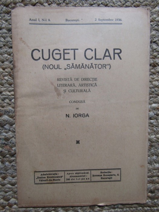 Revista - Cuget Clar - Noul Semanator - condusa de N. Iorga - ANUL I NR. 8 2 SEPTEMBRIE 1936
