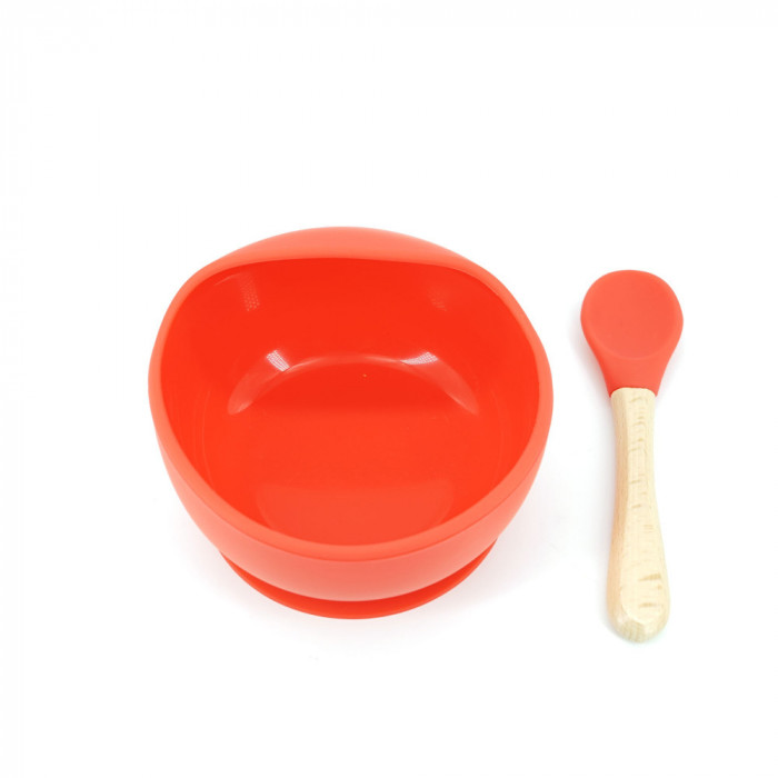 Set 2 piese diversificare bebelusi si copii din silicon, bol cu ventuza, lingurita din lemn si silicon, pentru gustari, fara alergeni, rosu