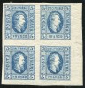 1865 , Lp 16 , Cuza 5 Parale albastru / hartie alba , bloc de 4 - MNH+MLH , margine coala, Nestampilat