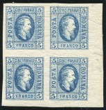 1865 , Lp 16 , Cuza 5 Parale albastru / hartie alba , bloc de 4 - MNH+MLH , margine coala
