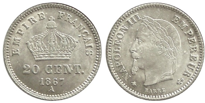 y537 FRANTA MONEDA 20 CENT 1867A ARGINT NECIRCULATA UNC CU LUCIU