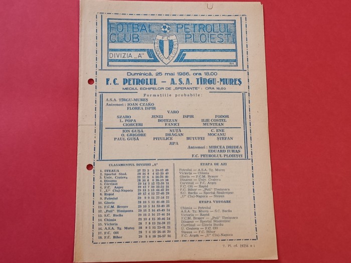 Program meci fotbal PETROLUL PLOIESTI - ASA TARGU-MURES (25.05.1986)