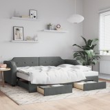vidaXL Pat de zi cu extensie și sertare, gri &icirc;nchis, 90x190cm, textil