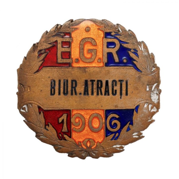 Biroul de Atracții, insignă &icirc;n cadrul Expoziției Generale Rom&acirc;ne, gravor Th. Radivon, 1906