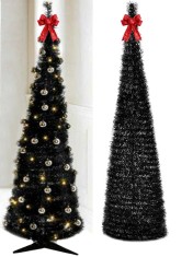 Brad artificial de Craciun pop-up, decorat cu luminite si globuri, inaltime 180 cm, alb-negru foto