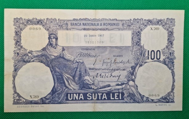 100 lei 1917, seria X.769 0069, culoare albastră, stare bună, rară